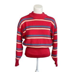 Vintage DEMETRE Pink Stripe Mock Neck Dolman Pure Virgin‎ Wool Sweater sz Large